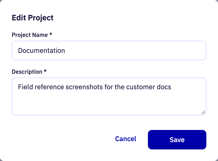 The Edit project section of the app