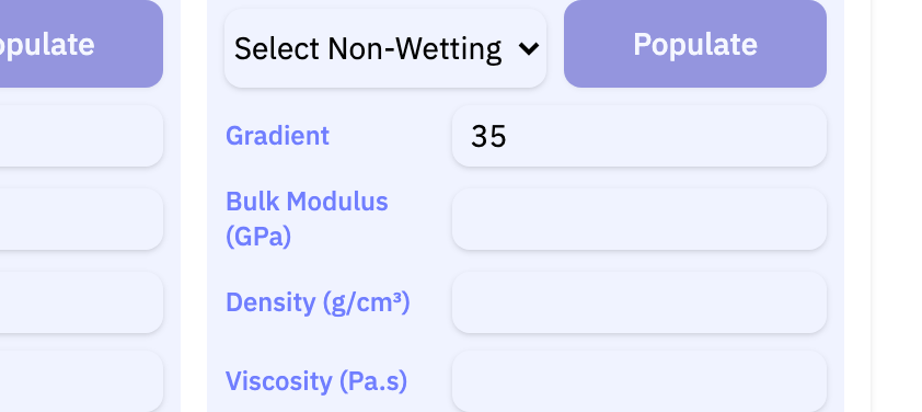 The Non-wetting fluid section of the app