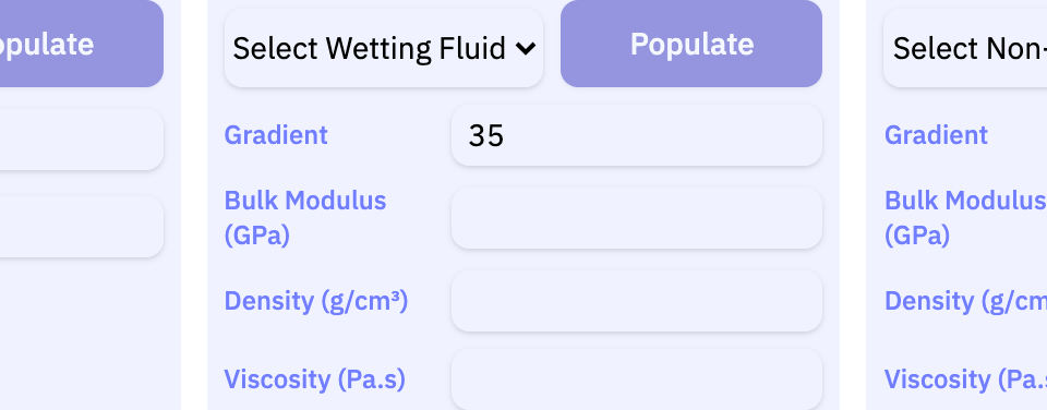 The Wetting fluid section of the app
